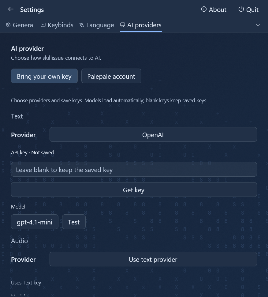 Native AI providers settings with Bring your own key, Palepale account, provider selection, API key input, model selection, and Test.
